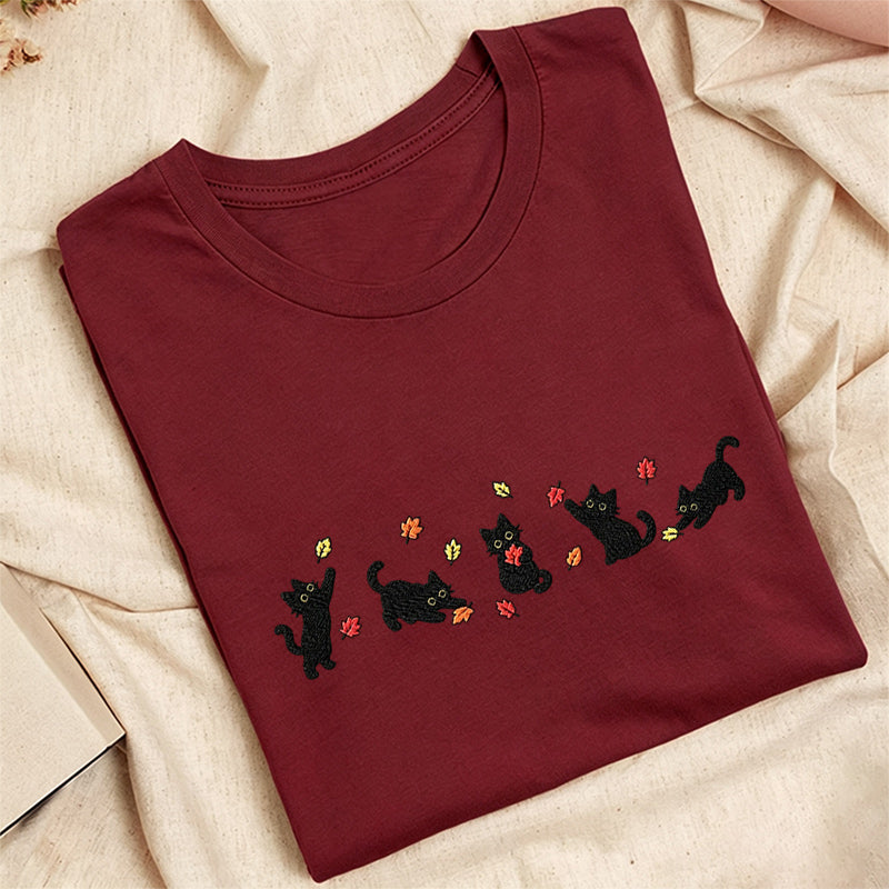 Embroidered Autumn Leaves Black Cats Classic Adult Unisex Crew Neck T-Shirt