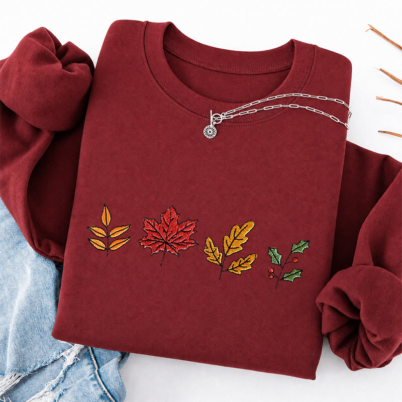 Embroidered Colorful Fall Leaves Classic Crewneck Sweatshirt