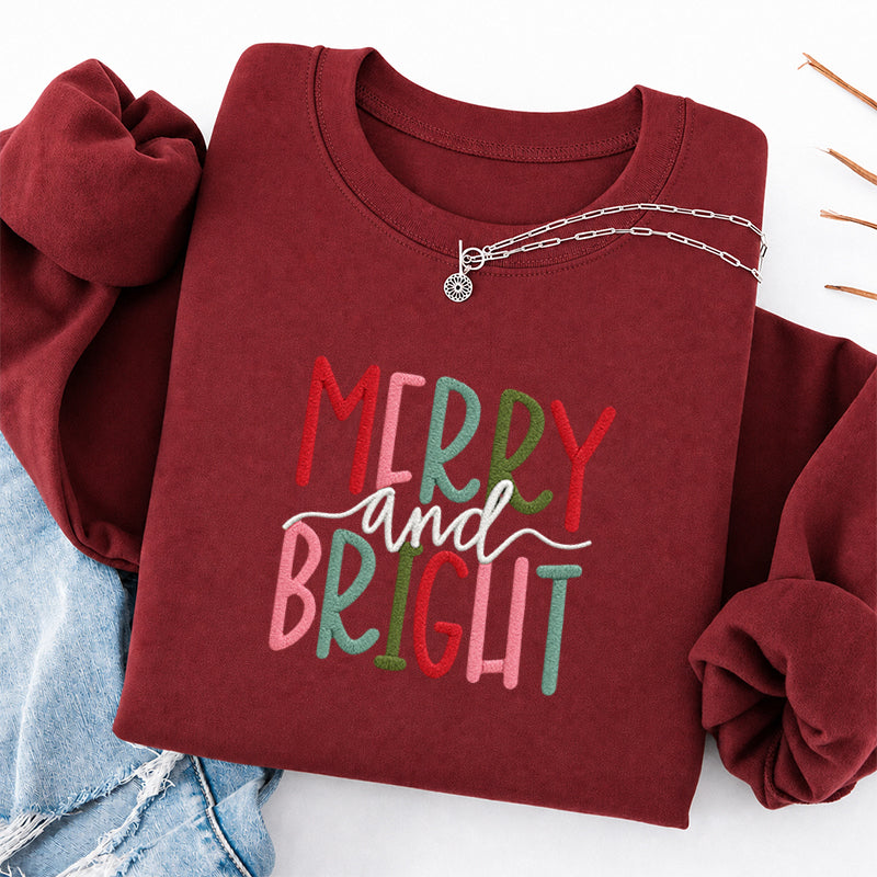 Embroidered Merry And Bright Christmas Classic Crewneck Sweatshirt