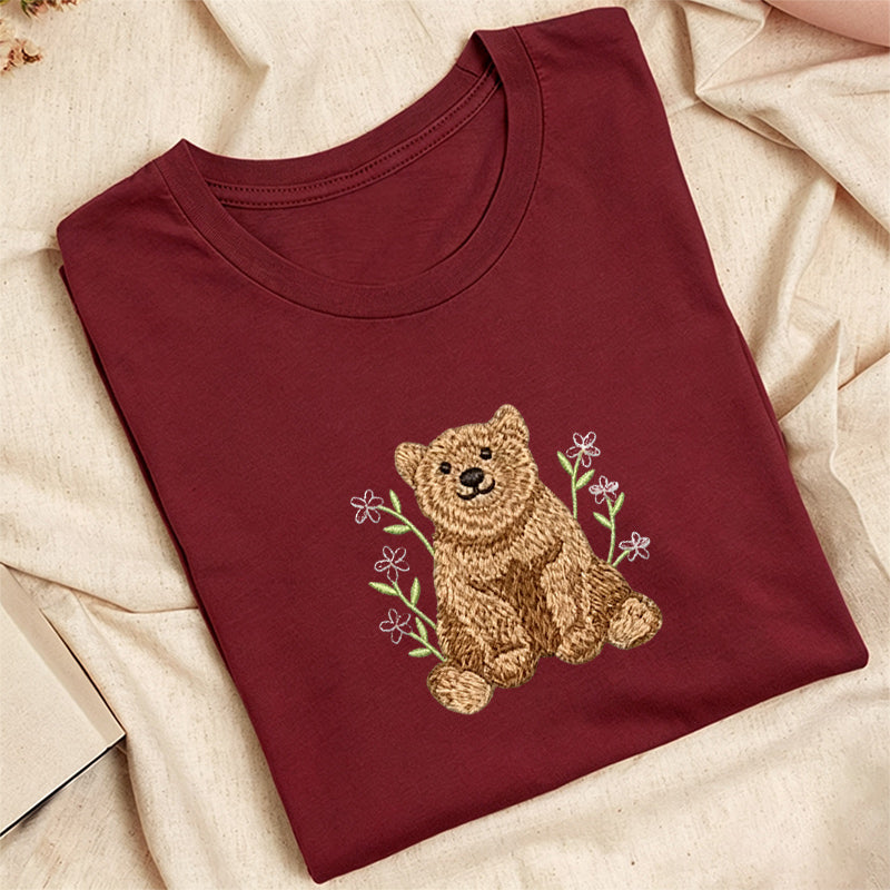 Embroidered Floral Bear Classic Adult Unisex Crew Neck T-Shirt