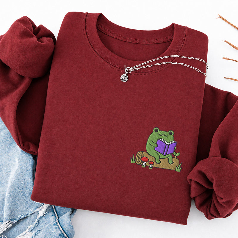 Embroidered Cute Reading Frog Classic Crewneck Sweatshirt