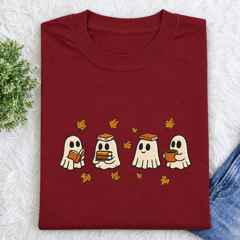 Embroidered Autumn Bookish Ghost Classic Crew Neck T-Shirt