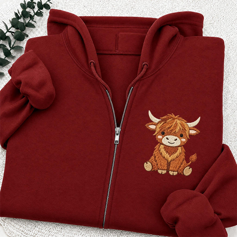 Embroidered Highland Cow Classic Full Zip Hoodie