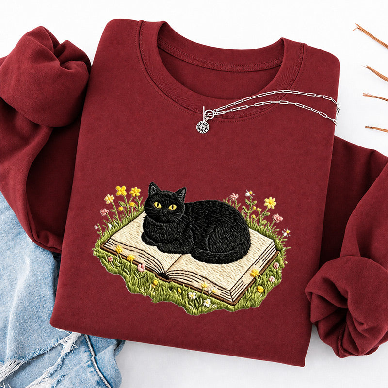 Embroidered Black Cat Book Classic Crewneck Sweatshirt