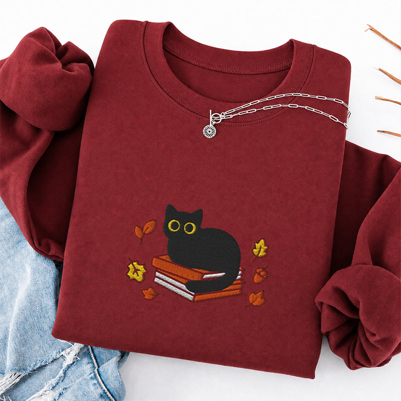 Embroidered Autumn Black Cat Book Classic Crewneck Sweatshirt