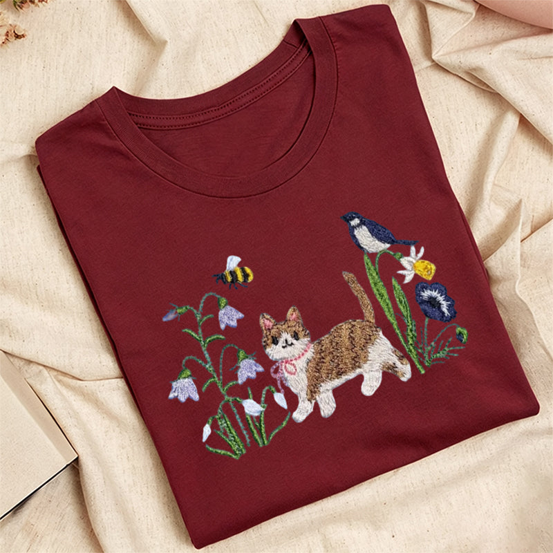 Embroidered Cat Wildflower Classic Adult Unisex Crew Neck T-Shirt