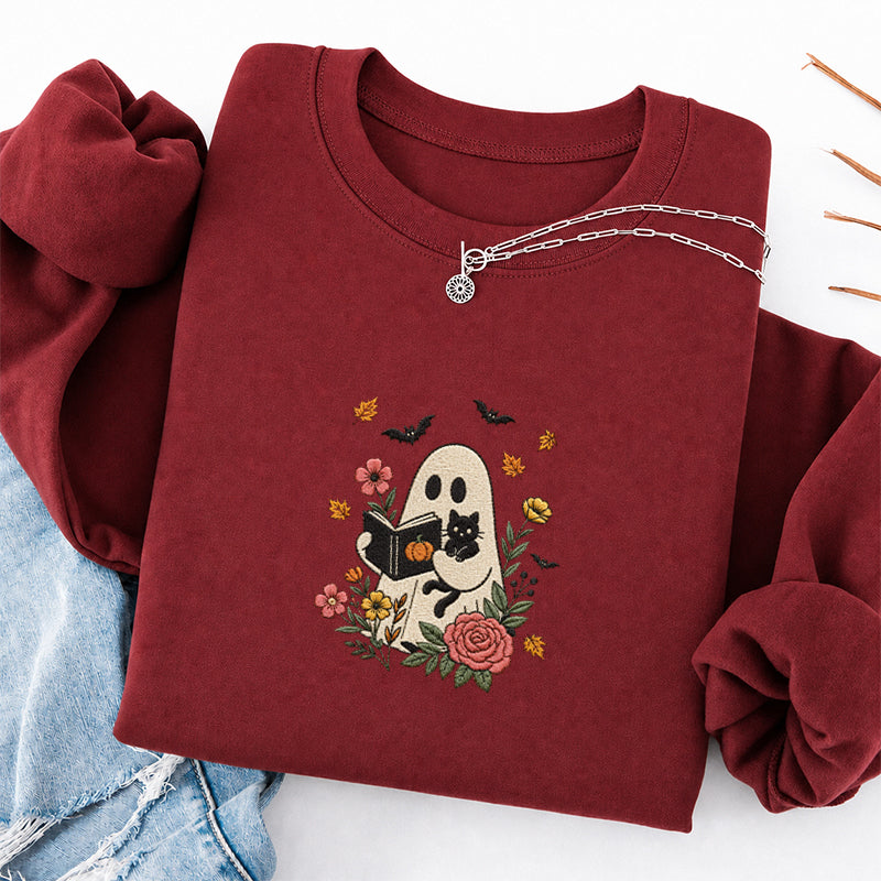 Embroidered Floral Ghost Reading Classic Crewneck Sweatshirt