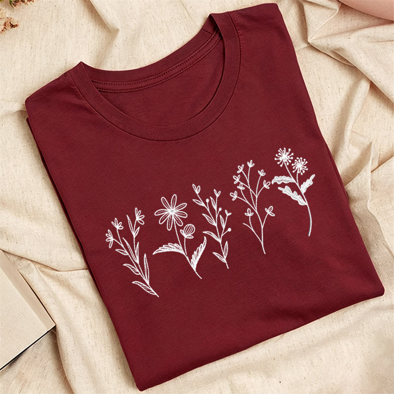 Embroidered Flower Lines Classic Adult Unisex Crew Neck T-Shirt