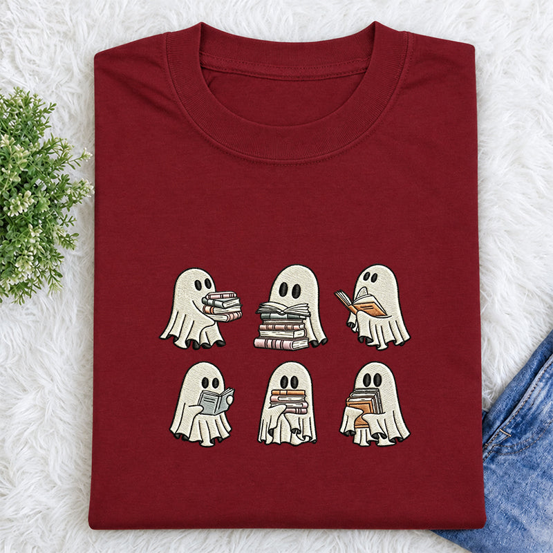 Embroidered Halloween Ghost Book Classic Crew Neck T-Shirt