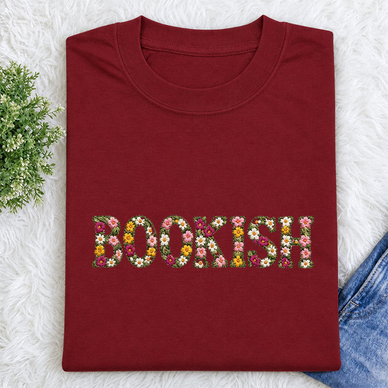 Embroidered Floral Bookish Classic Adult Unisex Crew Neck T-Shirt
