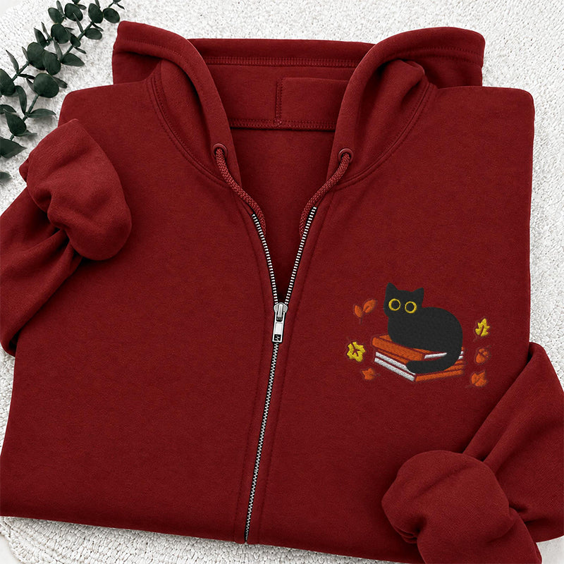 Embroidered Autumn Black Cat Book Classic Adult Unisex Full Zip Hoodie