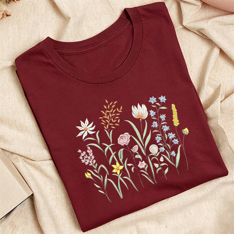 Embroidered Cute Wildflowers Classic Adult Unisex Crew Neck T-Shirt