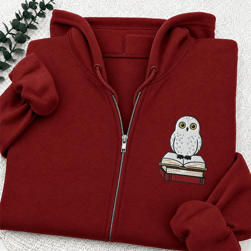 Embroidered Snow Owl On Bookstack Classic Full Zip Hoodie
