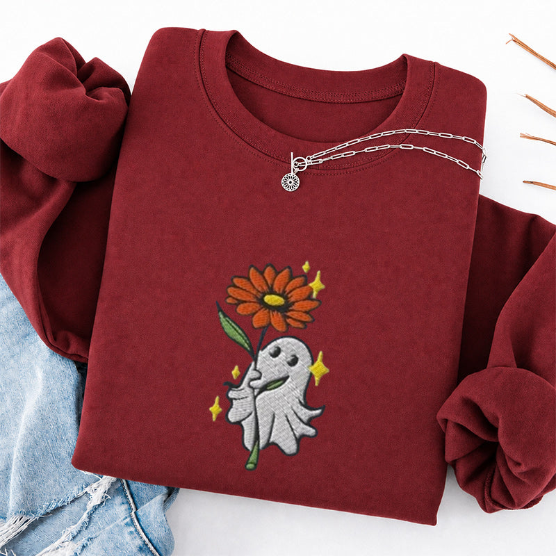 Embroidered Ghost Holding a Flower Classic Crewneck Sweatshirt