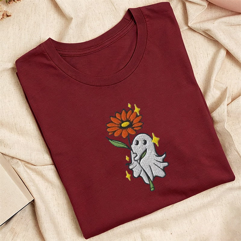 Embroidered Ghost Holding a Flower Classic Adult Unisex Crew Neck T-Shirt