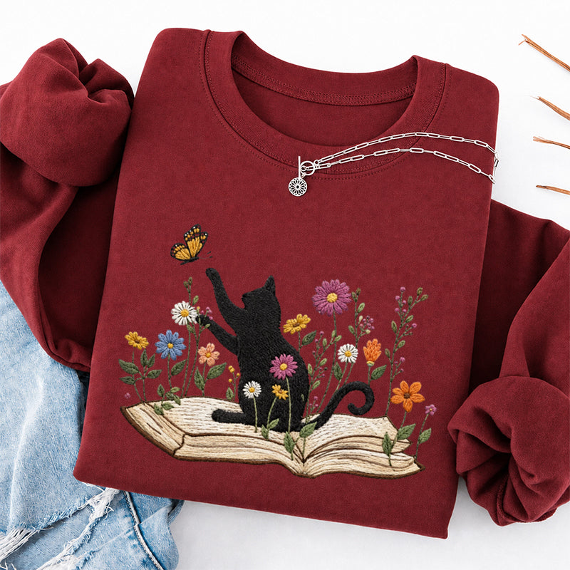 Embroidered Floral Book Cat Classic Crewneck Sweatshirt
