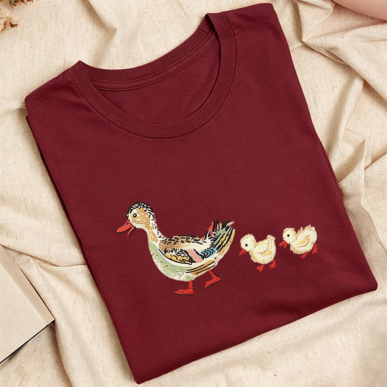 Embroidered Art Mama Duck & Ducklings Classic Adult Unisex Crew Neck T-Shirt