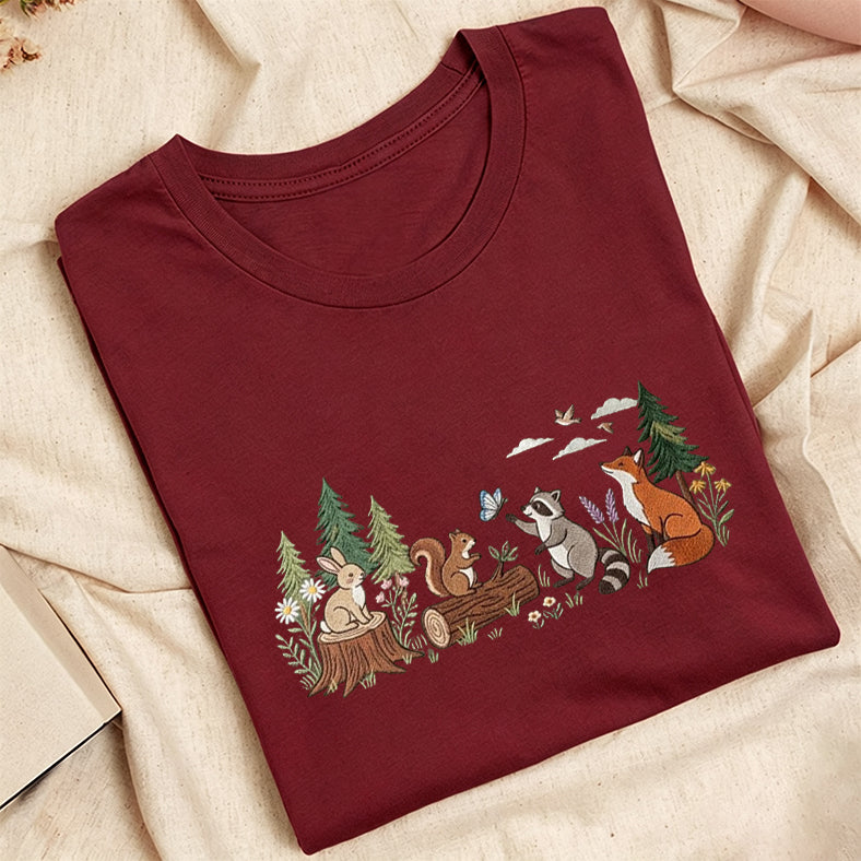 Embroidered Woodland Animals Classic Adult Unisex Crew Neck T-Shirt