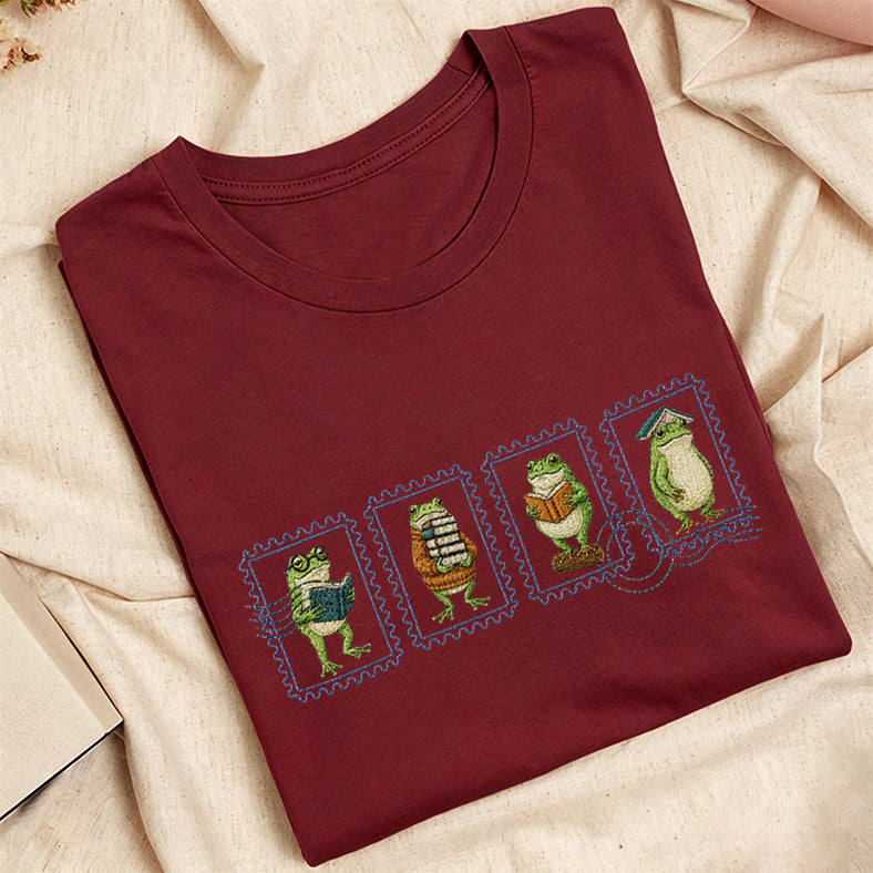 Embroidered Bookish Frog Stamp Classic Adult Unisex Crew Neck T-Shirt
