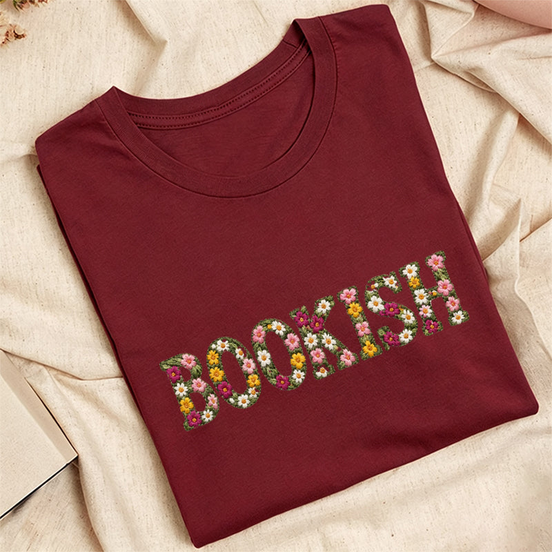Embroidered Floral Bookish Classic Adult Unisex Crew Neck T-Shirt