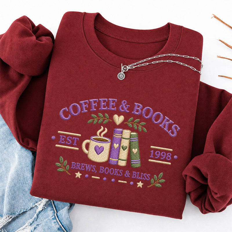Embroidered Coffee And Books Classic Crewneck Sweatshirt