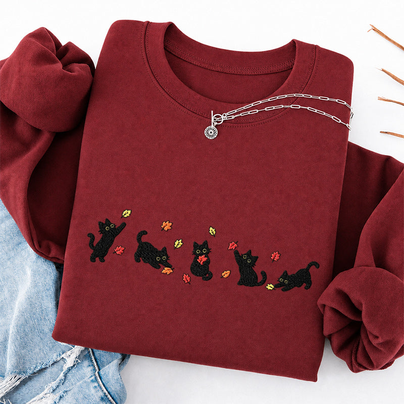 Embroidered Autumn Leaves Black Cats Classic Crewneck Sweatshirt
