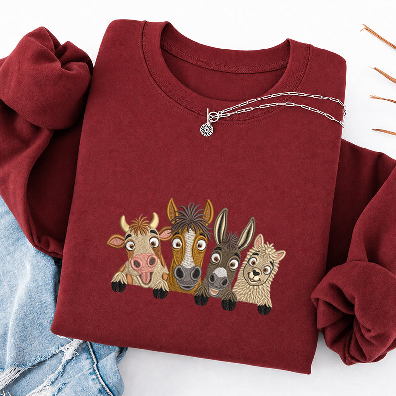 Embroidered Peeking Farm Animals Classic Crewneck Sweatshirt