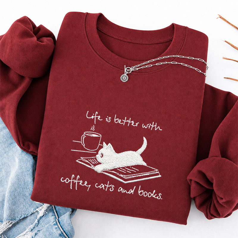 Embroidered Life Is Better With Coffee Book Cat Classic Crewneck Sweatshirt