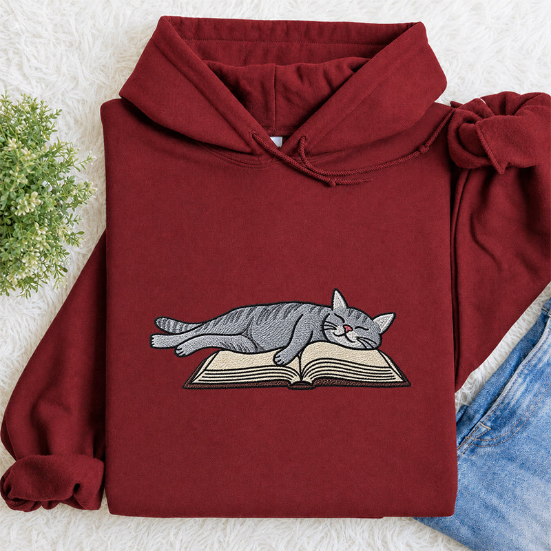 Embroidered Cat Sleeping On Book Classic Adult Unisex Hoodie