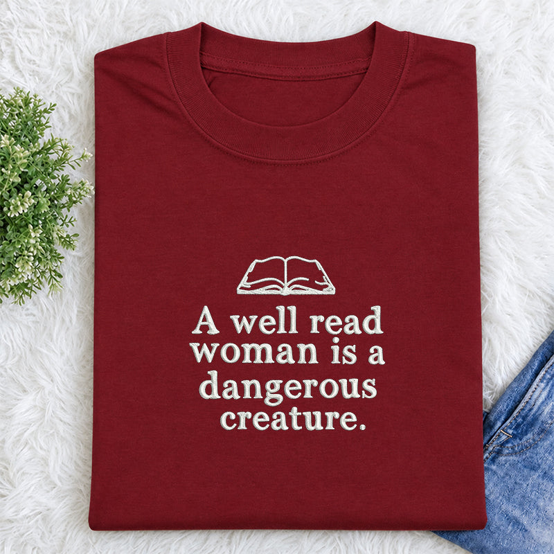 Embroidered A Well Read Woman Classic Crew Neck T-Shirt