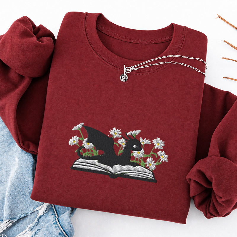 Embroidered Floral Dragon Book Classic Crewneck Sweatshirt