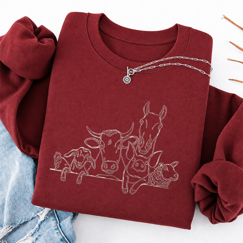 Embroidered Horse Cow Pig Farm Animals Classic Crewneck Sweatshirt