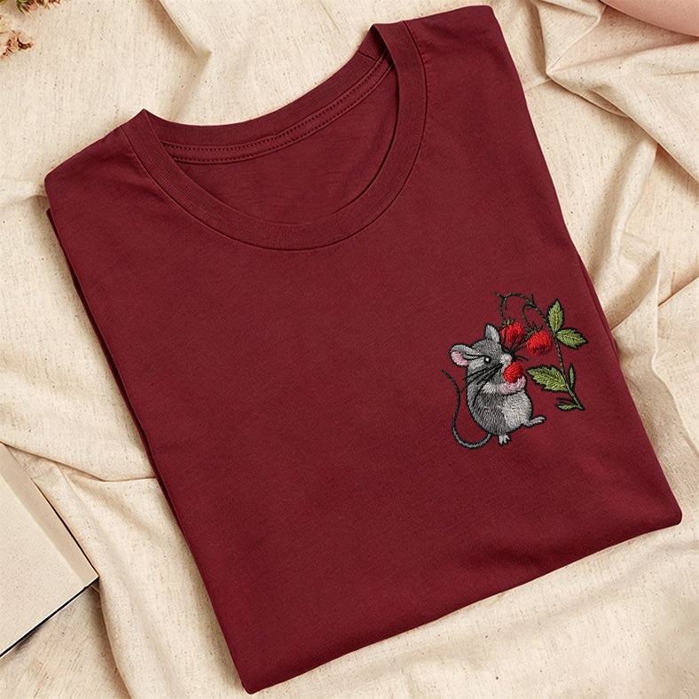 Embroidered Cottagecore Mouse Classic Adult Unisex Crew Neck T-Shirt