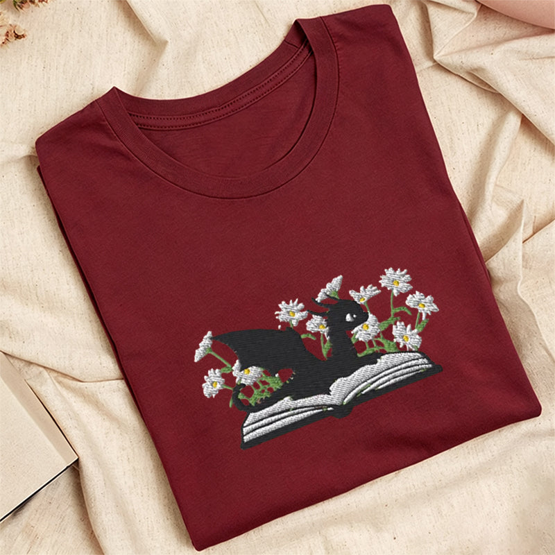 Embroidered Floral Dragon Book Classic Adult Unisex Crew Neck T-Shirt