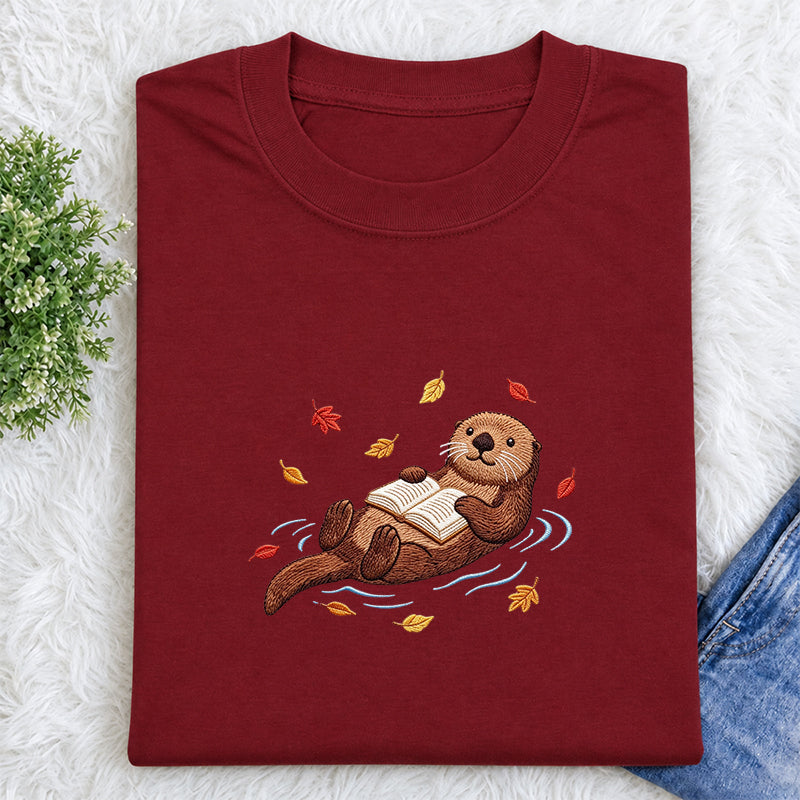 Embroidered Otter Reading Book Classic Crew Neck T-Shirt