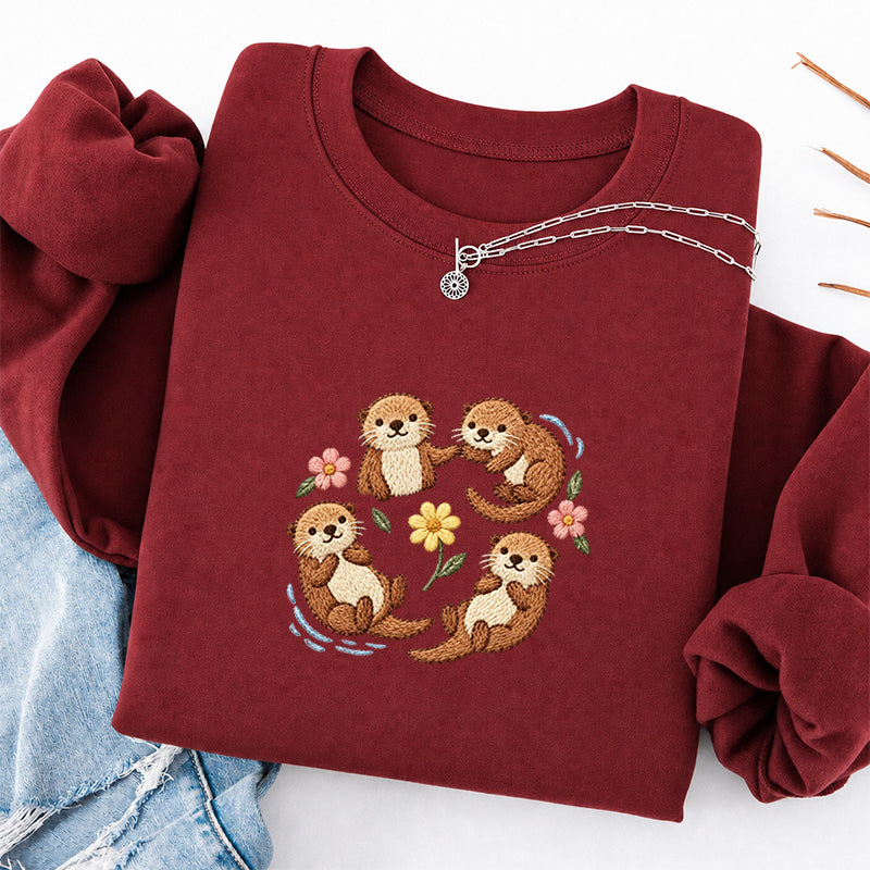 Embroidered Sea Otters And Flowers Classic Crewneck Sweatshirt
