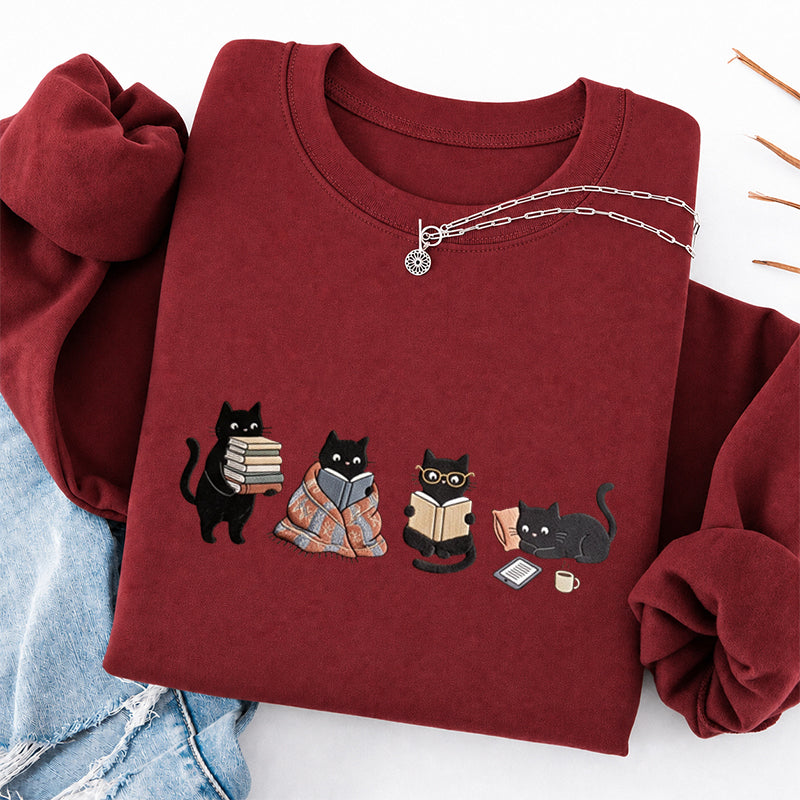 Embroidered Bookish Black Cats Classic Crewneck Sweatshirt