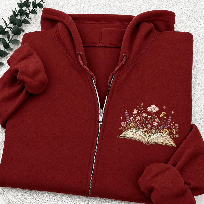 Embroidered Floral Book Adult Unisex Full Zip Hoodie