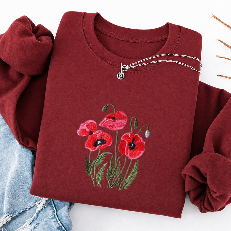 Embroidered Poppy Flower Classic Crewneck Sweatshirt