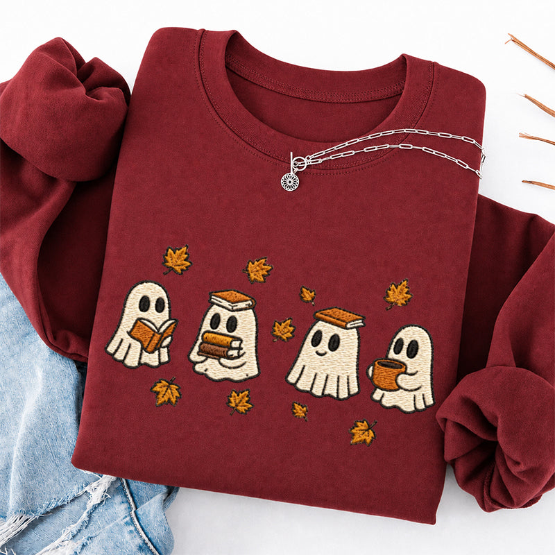 Embroidered Autumn Bookish Ghost Crewneck Sweatshirt