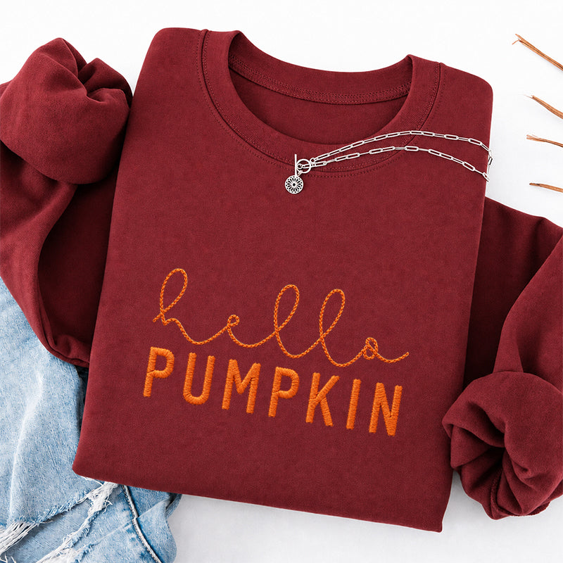 Embroidered Hello Pumpkin Classic Crewneck Sweatshirt