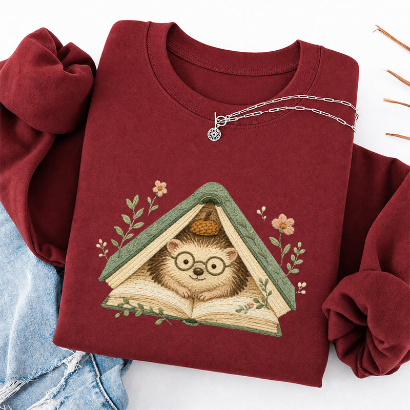 Embroidered Hedgehog Book Flower Classic Crewneck Sweatshirt