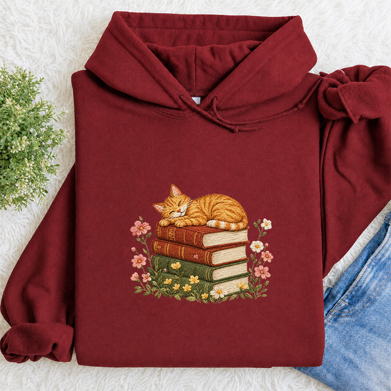 Embroidered Cat Sleeping On Books Classic Adult Unisex Hoodie