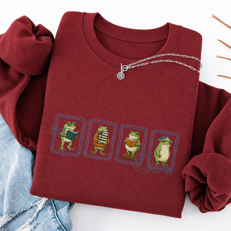 Embroidered Bookish Frog Stamp Classic Crewneck Sweatshirt