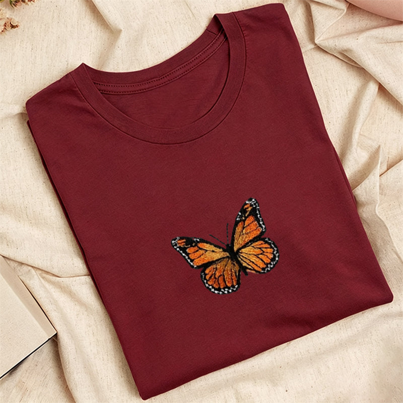 Embroidered Monarch Butterfly Classic Adult Unisex Crew Neck T-Shirt