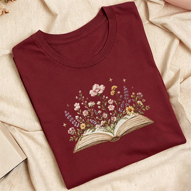 Embroidered Floral Book Classic Adult Unisex Crew Neck T-Shirt