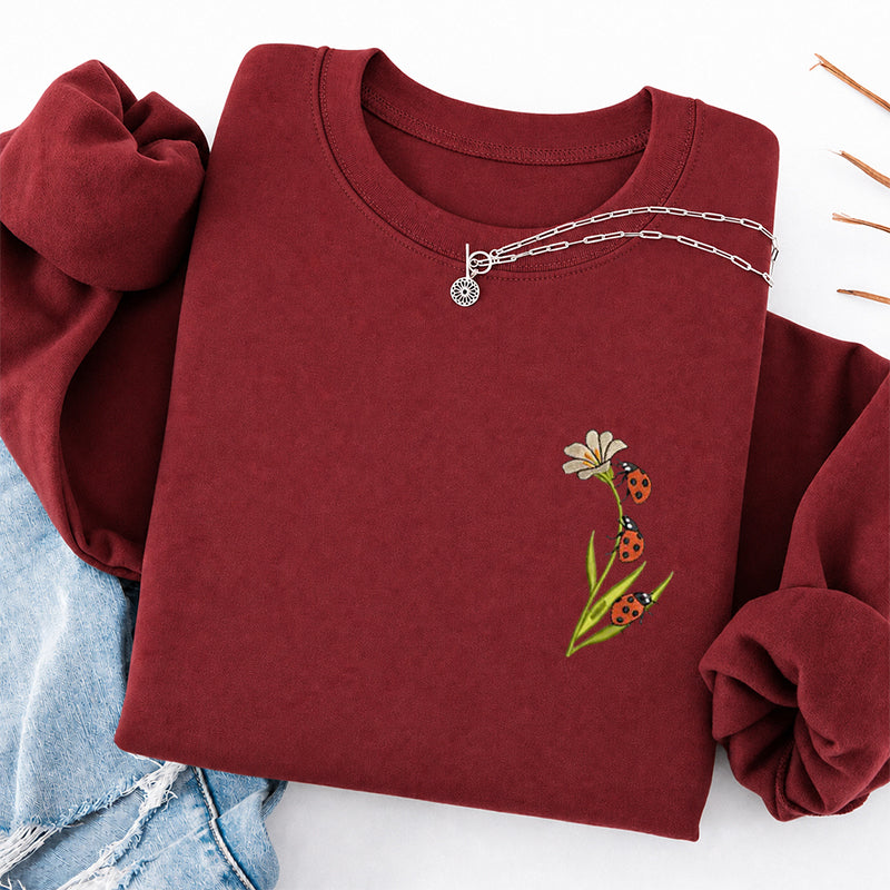 Embroidered Ladybug & Daisy Classic Crewneck Sweatshirt