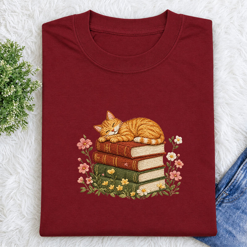 Embroidered Cat Sleeping On Books Classic Crew Neck T-Shirt