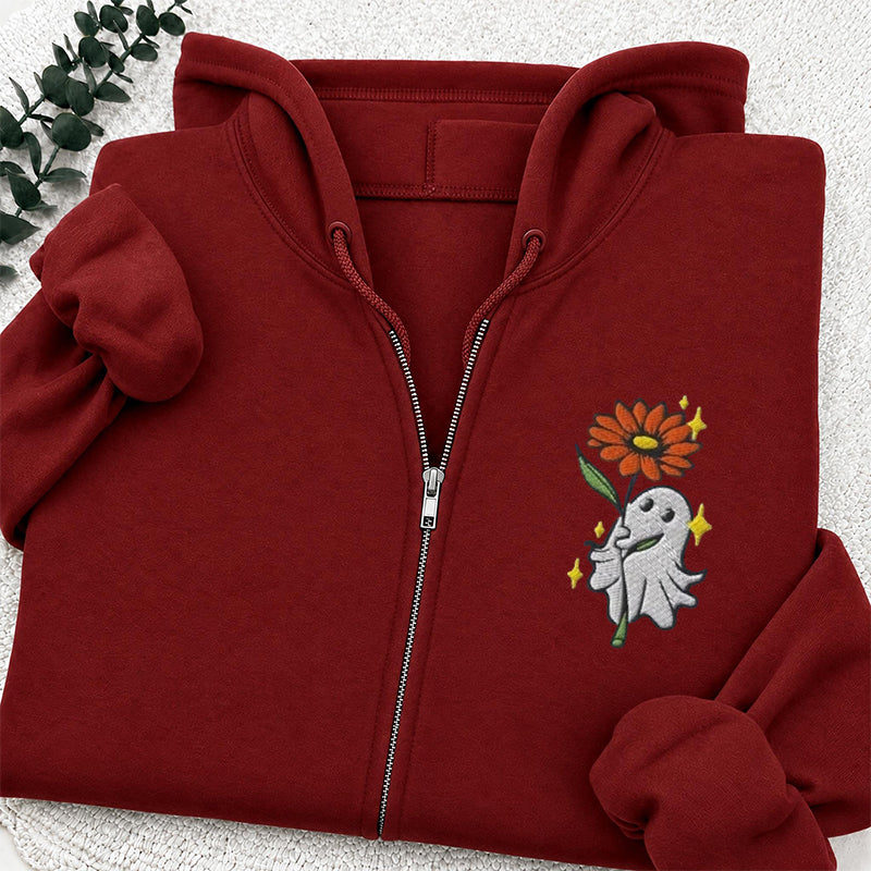 Embroidered Ghost Holding a Flower Classic Adult Unisex Full Zip Hoodie