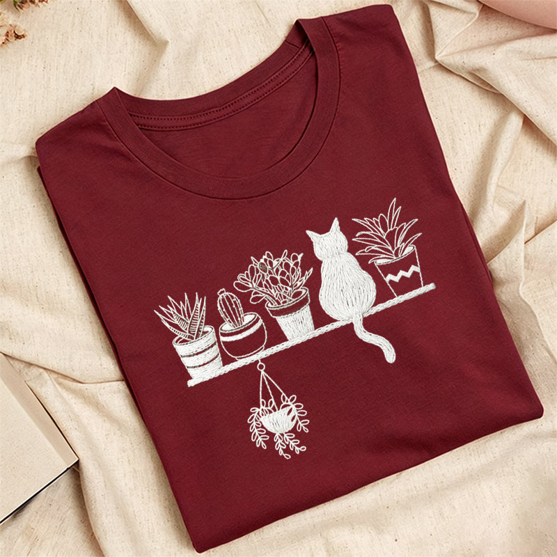 Embroidered Cats And Plants Classic Adult Unisex Crew Neck T-Shirt